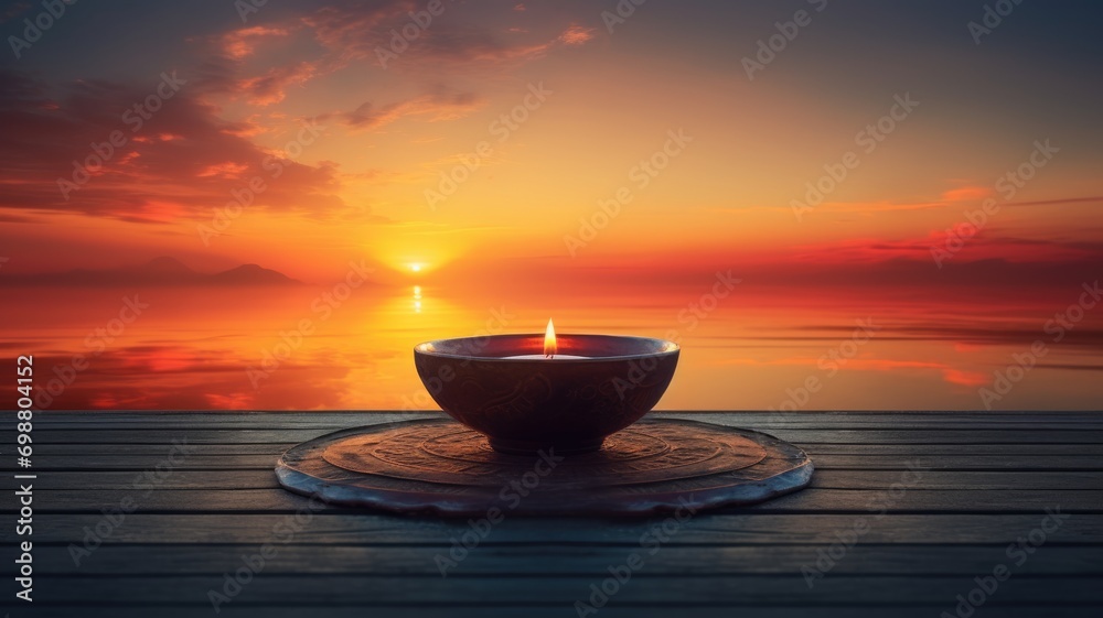 Lit candle in a bowl on a wooden dock at sunset with reflective water Lit candle in a bowl on a wooden dock at sunset with reflective water