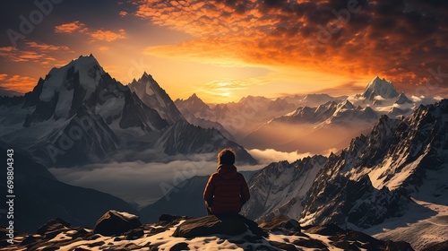 sitting rock looking mountains sunset view madness zoomed out box mind contemplating eternity france person standing front
