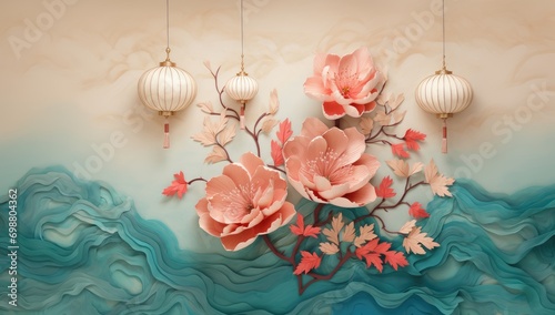 Hanging lantern traditional Asian decor on light blue background with pink flowers. Chinese lantern festival. New Year abstract greeting backdrop with copy space. Design for poster, card, banner