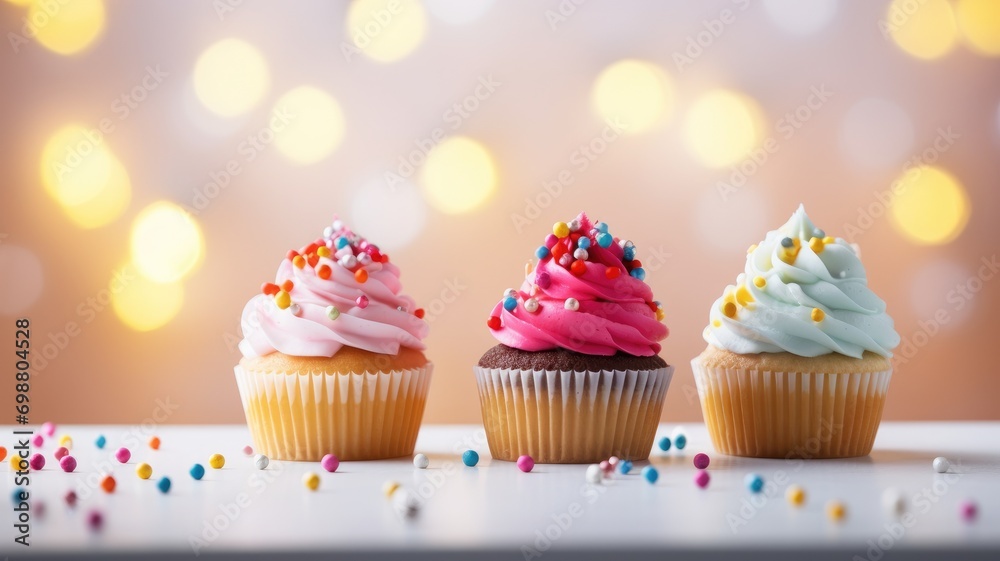 Festive cupcakes with colorful icing and sprinkles, bokeh lights background Festive cupcakes with colorful icing and sprinkles, bokeh lights background