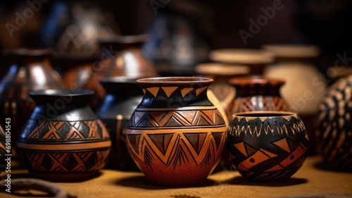 Artisanal pottery with beautiful ethnic patterns on display