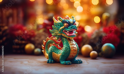 Green Chinese Dragon on blurred background. The year of the Dragon in China and Eastern Asia. One of the Chinese zodiac signs. New Year of the Dragon 2024 photo