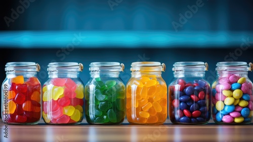 Assorted candies in jars with a cool blue light in the background