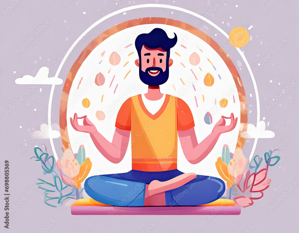Cartoon bearded character man meditates in the lotus position over purple background. Cartoon bearded character man meditates in the lotus position over purple background.