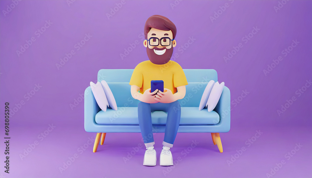 Cartoon smiling beard hipster man in yellow t-shirt and glasses seat on sofa and using smartphone over blue background.