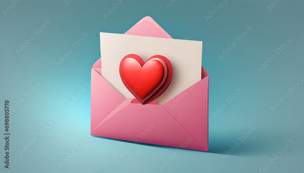 Paper with red heart in pink envelope. 3d mail icon illustration isolated on blue background.