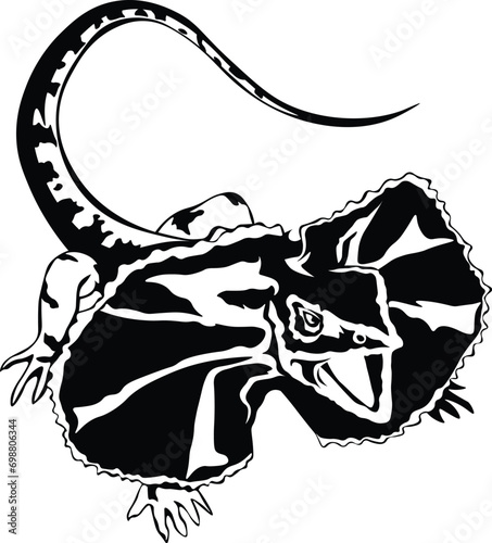 Cartoon Black and White Isolated Illustration Vector Of A Frilled Neck Lizard