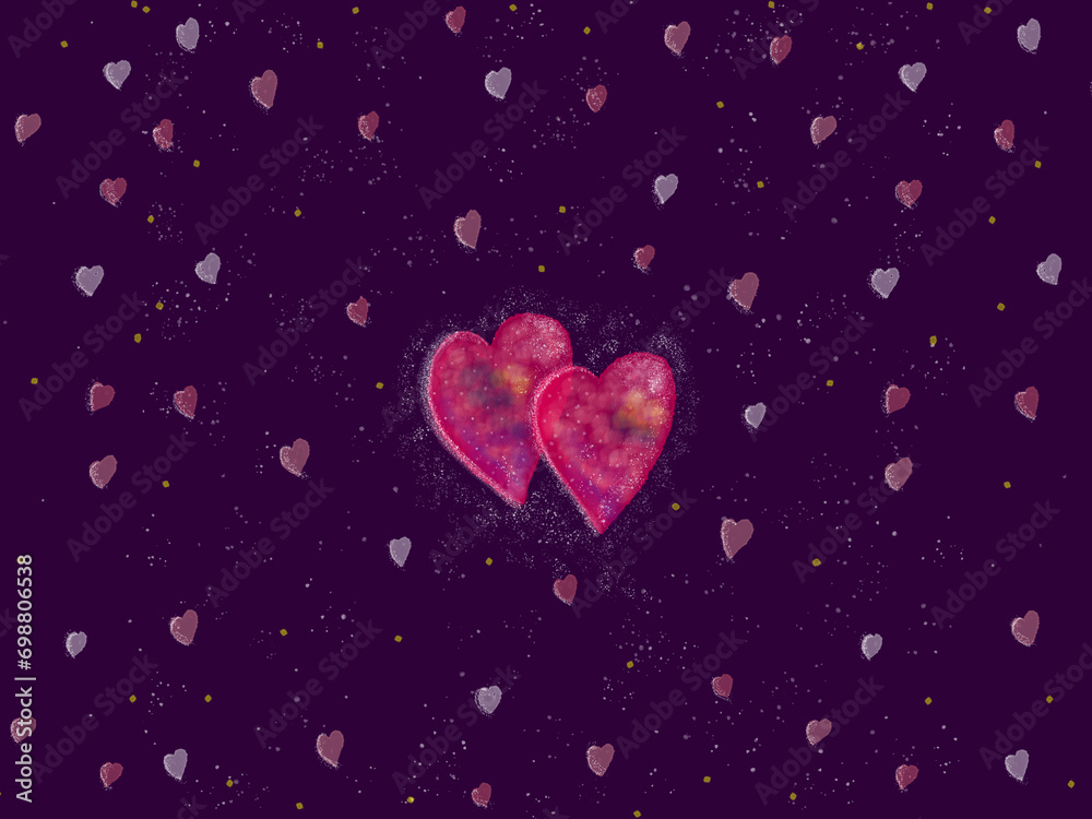 ilustracion de corazones rosas brillantes en fondo morado con pequeños corazones. bandera web, aniversario, san valentin.