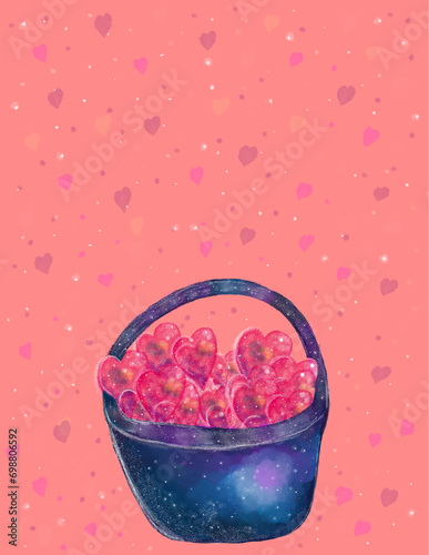 ilustración de acuarela  creativa, texturizada, brillante,  temática san valentín, corazones rosas  en canasta azul ,con  fondo palo rosa . Aniversario, felicitaciones photo