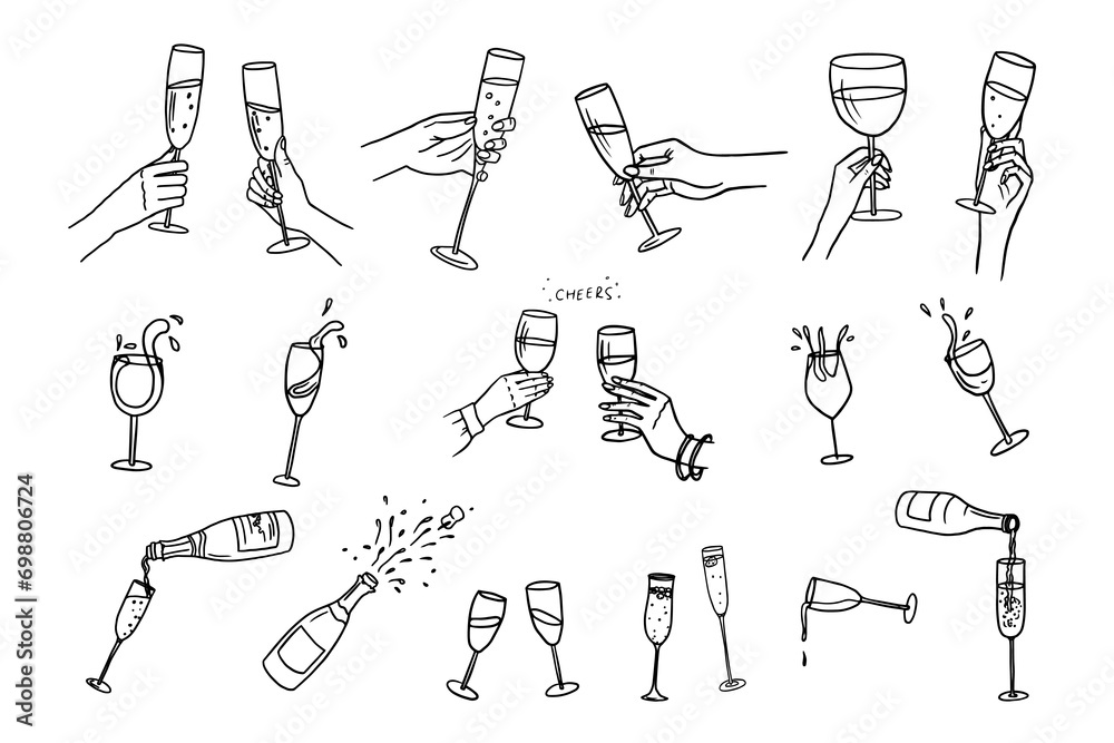 Cute set of hands with champagne glasses, wine glasses, champagne bottles and glasses. Cheers. Alcoholic drinks. Great for bar menu, banner, greeting card, holiday, wedding, celebration. Hand drawn - obrazy, fototapety, plakaty 