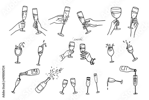 Cute set of hands with champagne glasses, wine glasses, champagne bottles and glasses. Cheers. Alcoholic drinks. Great for bar menu, banner, greeting card, holiday, wedding, celebration. Hand drawn photo