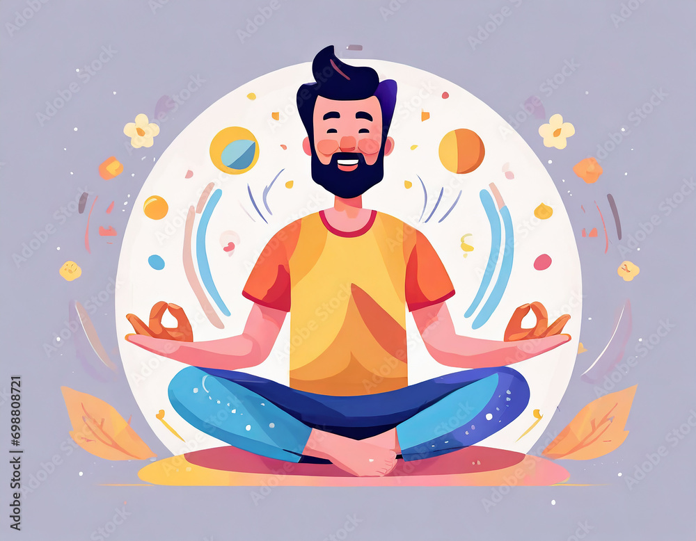 Cartoon bearded character man meditates in the lotus position over purple background.