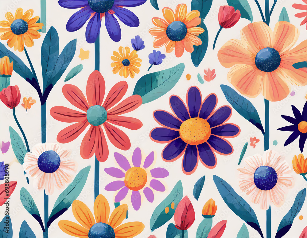 Colorful floral seamless pattern illustration. Vintage style hippie flower background design. Geometric checkered wallpaper print, spring season nature backdrop texture with daisy flowers