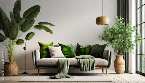 Living room interior with gray velvet sofa, pillows, green plaid, lamp and fiddle leaf tree in wicker basket on white wall background. 3D rendering.