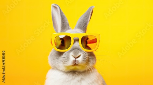 Cool Easter bunny with sunnglasses with yellow background. photo