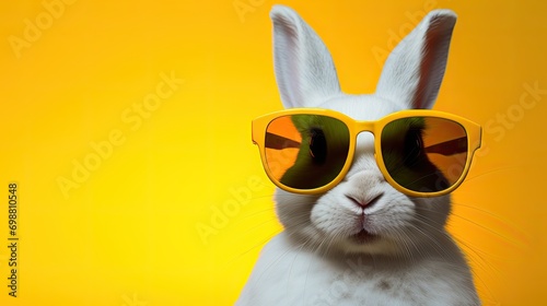Cool Easter bunny with sunnglasses with yellow background. photo
