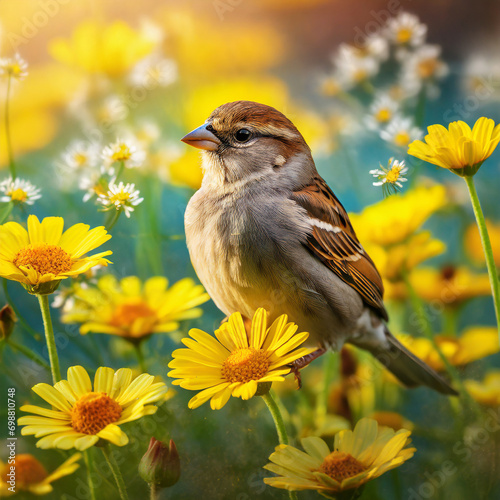 Nature s Songbird A Sparrow Perched Amidst a Sea of Yellow Daisies, ai generative