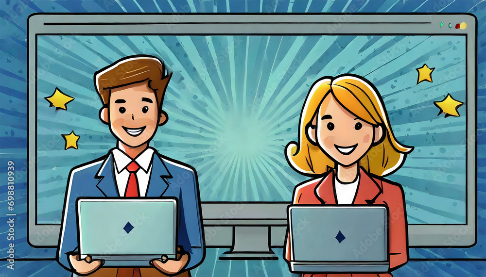 People in front of blank computer screen - Business man and woman standing with laptops, and big empty screen in background People in front of blank computer screen - Business man and woman standing with laptops, and big empty screen in background