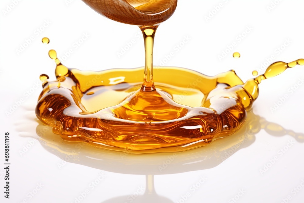 Captivating golden honey splash suspended in mid air, isolated on a pristine white background