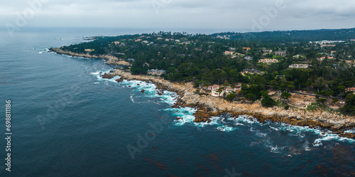 17 mile drive nature. Beautiful aerial view of the Pacific ocean coastline in California, USA. photo