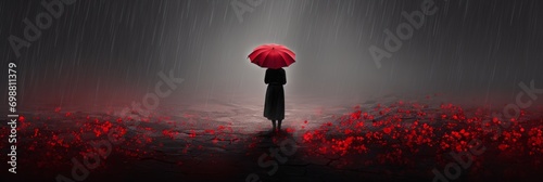 Gorgeous woman with red umbrella in rain, generous copy space for your text or design photo