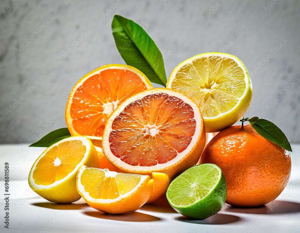 Studio shot sliced citrus fruits for juice isolated on white Studio shot sliced citrus fruits for juice isolated on white
