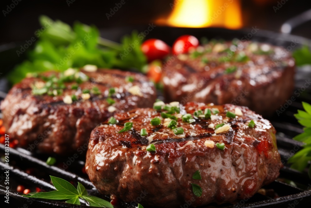 Close up of a delicious and juicy grilled meat burger patty cooking on a sizzling hot pan