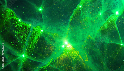 An abstract background with green light shapes. Generative AI. geotagion on the milky way