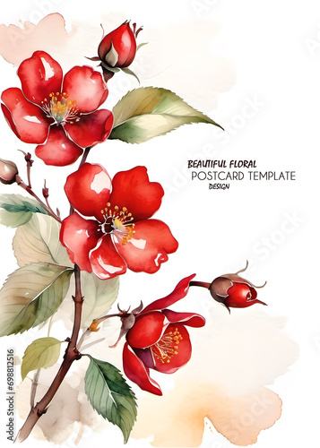 Watercolor flower frame on white background. Template for greeting or invitation