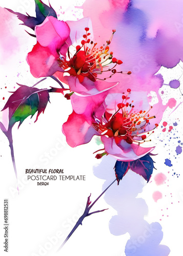 Watercolor flower frame on white background. Template for greeting or invitation