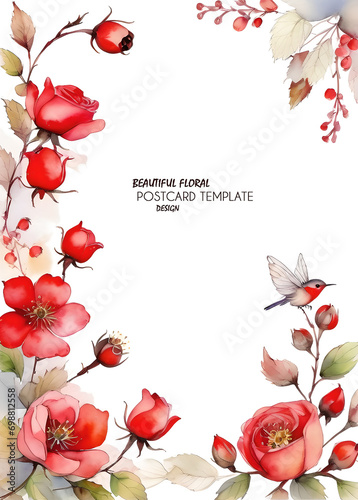 Template for a greeting or invitation card or booklet. Place to Copy - Paste. Beautiful bitmap illustration with rosehip flowers and small bird. Watercolor style. JPG.