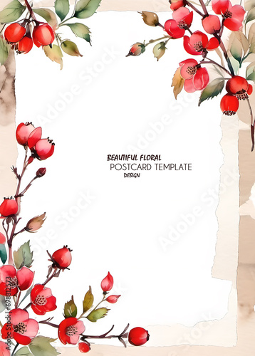 Watercolor flower frame on white background. Template for greeting or invitation