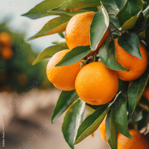 Bunch of fresh ripe oranges hanging on a tree in orange garden. Details of Spain