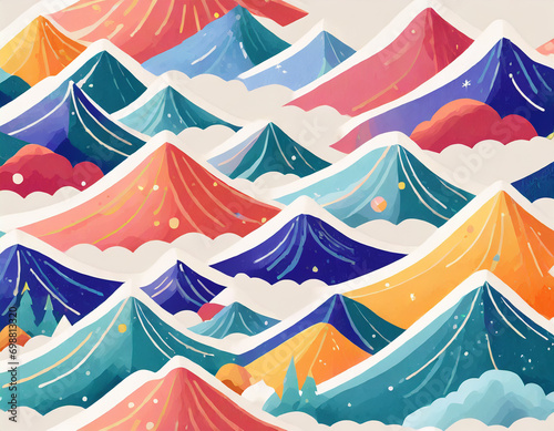 Colorful hand drawn landscape doodle seamless pattern. Nature mountain cartoon background. Outdoor environment wallpaper print  natural scenery texture