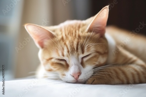 Cute kitten cat sleeping on the pillow at home backgroundconcept of raising pets and animals in the house to be healthy and happy