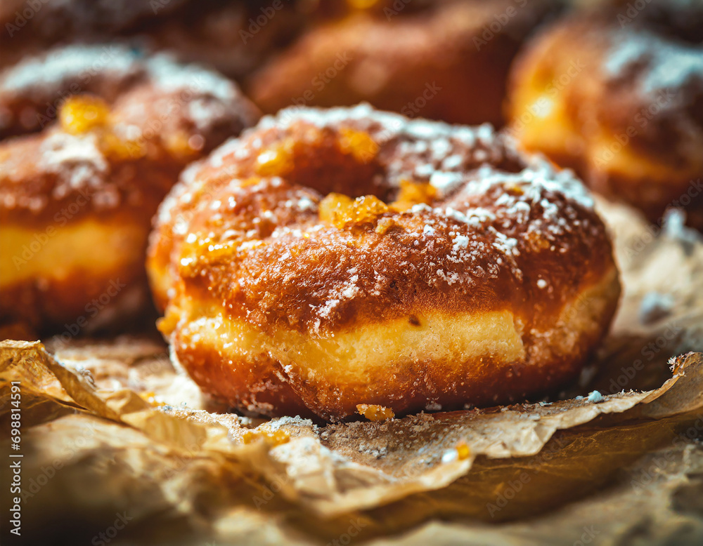 Macro shot doughnuts on paper in old-fashioned wallpaper Macro shot doughnuts on paper in old-fashioned wallpaper