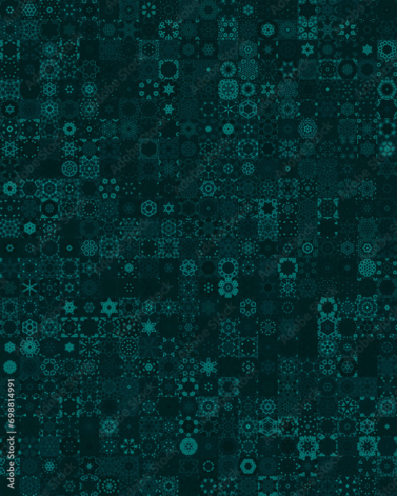 Dark turquoise green color tone floral geometric shapes vintage concept seamless pattern background.
