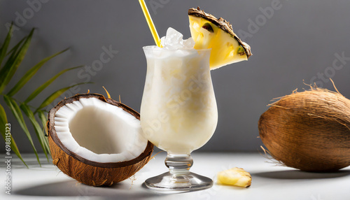 Pina colada coconut cocktail with ice on white background