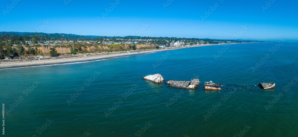 Old tanker ship wreck near the coast of California, USA. Now home to many birds like pelicans and sea gulls. Ship wreck aerial view.