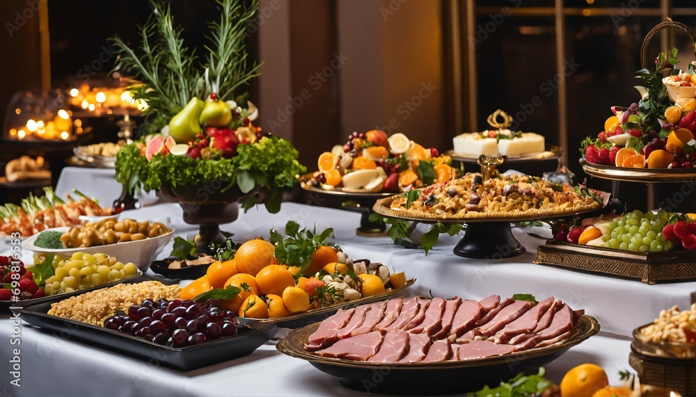 Group catering in restaurant, colorful buffet of fruits, vegetables, and meat