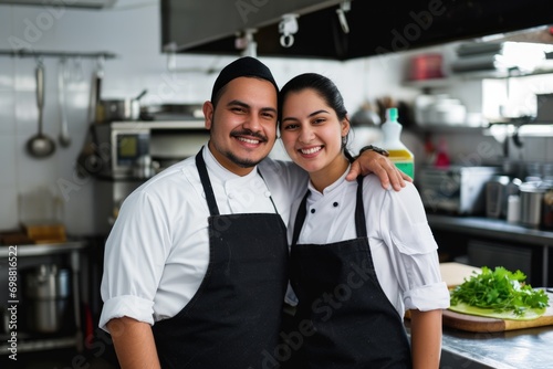 Smiling young hispanic couple posing at their restaurant kitchen