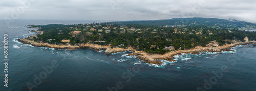 17 mile drive nature. Beautiful aerial view of the Pacific ocean coastline in California, USA.