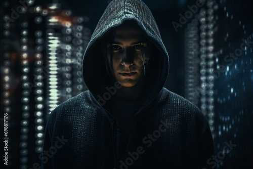 Hacker in hoodie with digital code background. Darknet, Bitcoin, cybersecurity, social network protection. Generative AI © Elizabeth