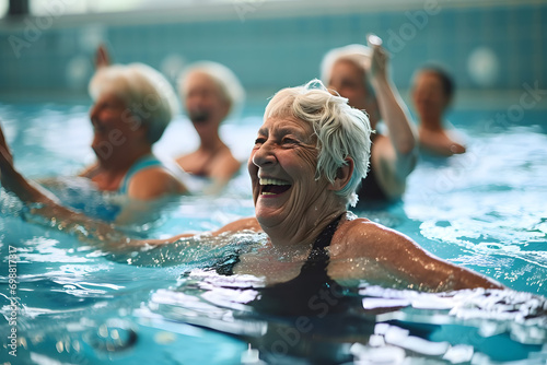 Active senior women enjoying aqua fit class in a pool, displaying joy and camaraderie, embodying a healthy, retired lifestyle © Prasanth