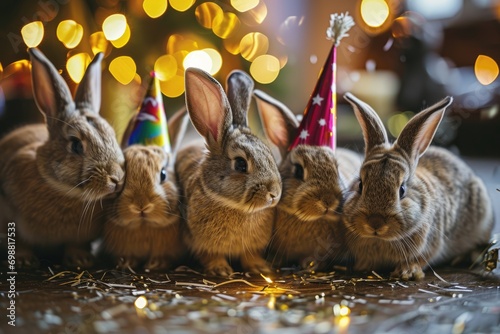 A group of cute Easter bunnies is celebrating a party. © Simon