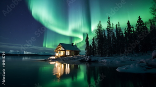 A house on the water with trees and aurora borealis in the sky