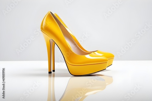 Portrait of a woman's bright yellow high-heeled shoes on a white background, background image, generative AI