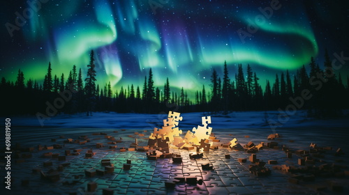 A puzzle pieces on a surface with a green and blue sky in the background