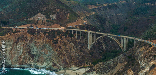 Bixby bridge aerial view in California, USA. Beautiful bridge near the Pacific ocean.