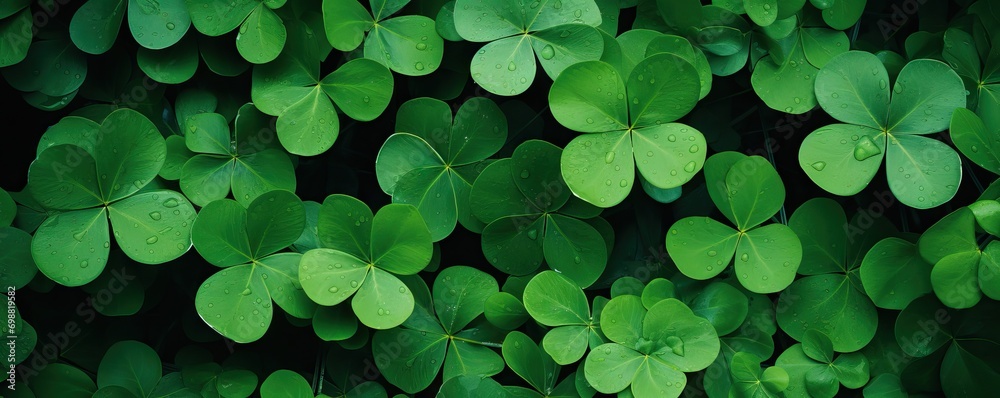 Clover leaves on green background. Three-leaved shamrocks. St Patrick Day holiday symbol. Template for design card, invitation, banner - obrazy, fototapety, plakaty 